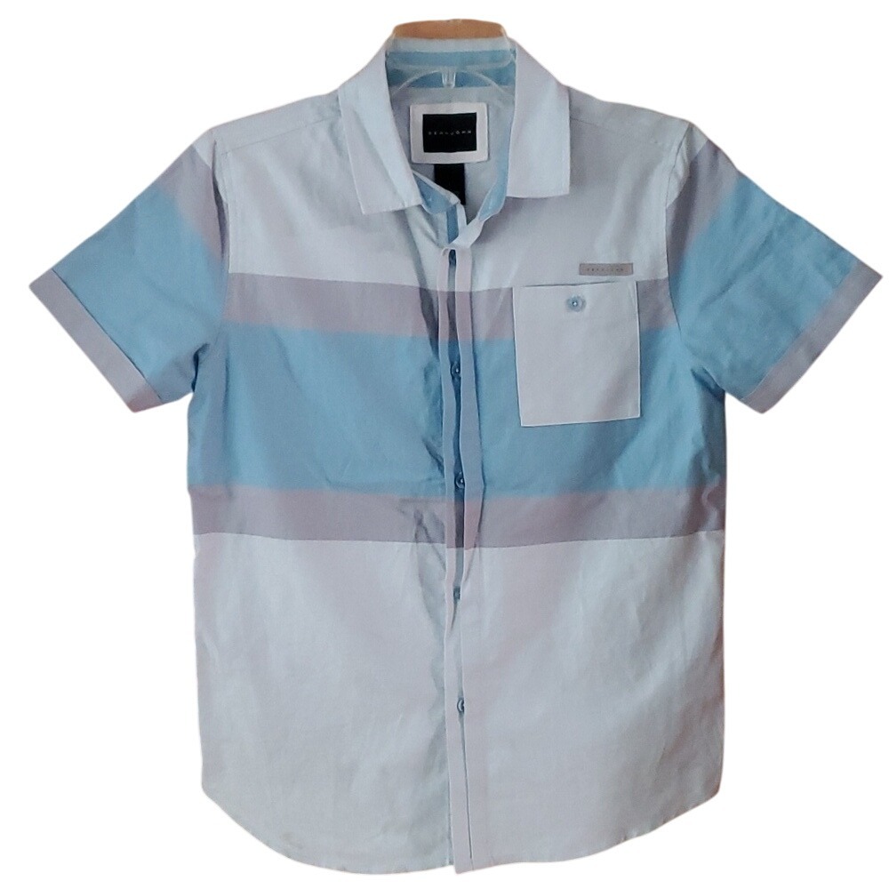 Sean John Blue Striped Short Sleeve Buttondown Boys Shirt‎ Size Large